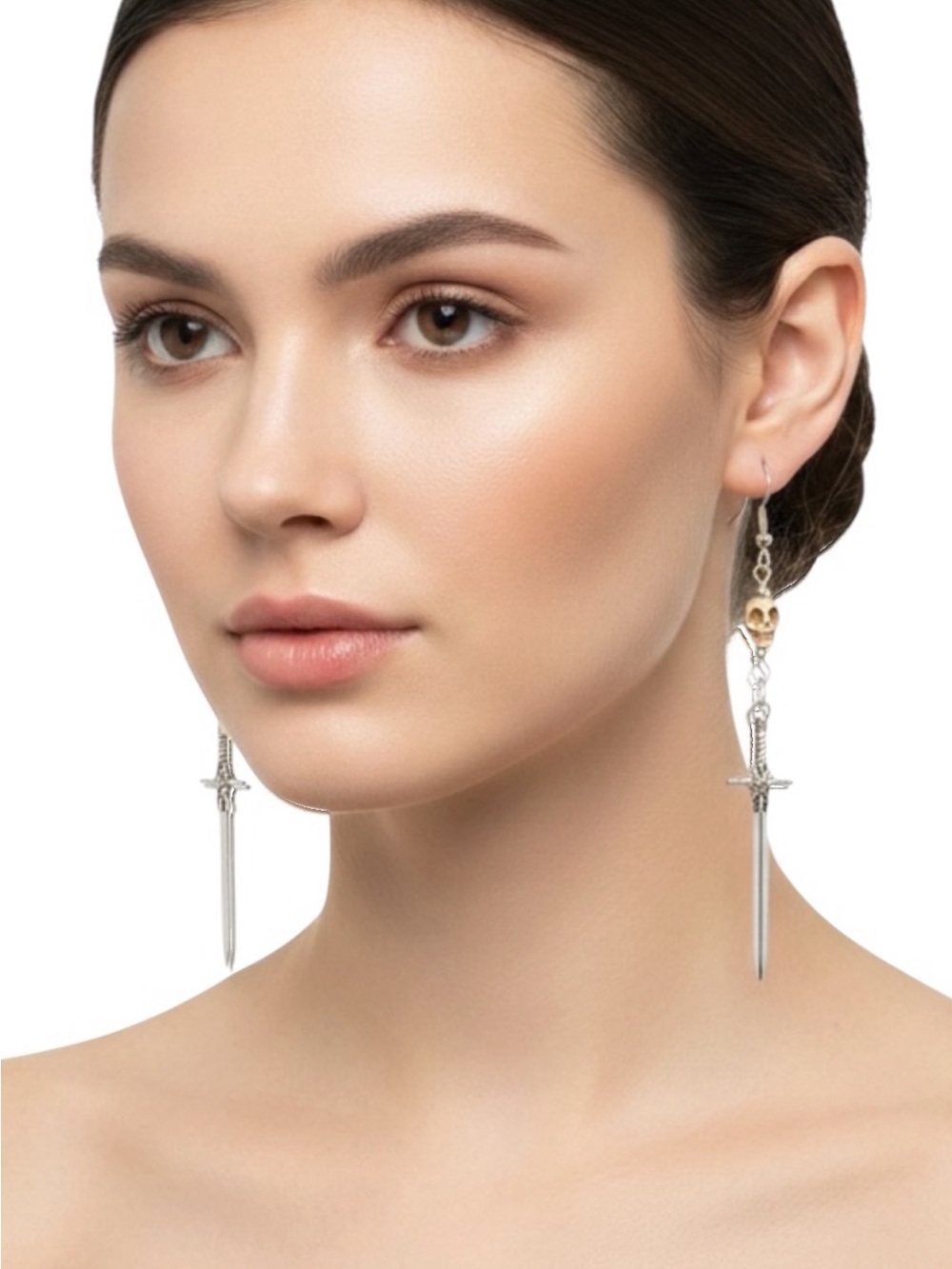 Silver Sword Drop Earrings with Skull Accent - Women Jewelry